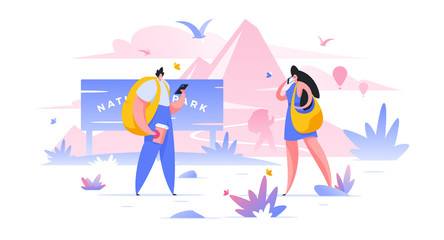 Tourists in national park flat vector illustration weekend on nature.