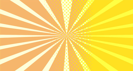 Fototapeta premium Vintage colorful comic book background. Orange blank bubbles of different shapes. Rays, radial, halftone, dotted effects. For sale banner empty Place for text 1960s. Copy space vector eps10.