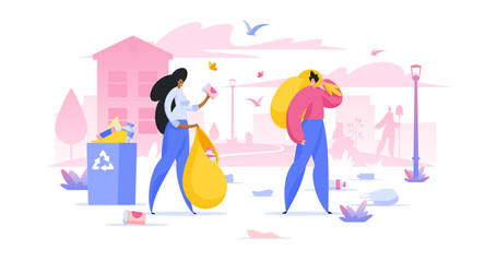 Volunteers collecting trash in city flat vector illustration