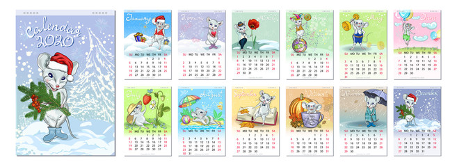 Calendar 2020 year of the rat. 12 months with the holidays. Original seasonal compositions with mice are presented.