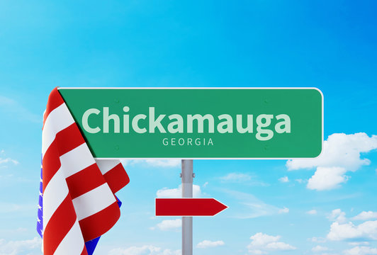 Chickamauga &ndash; Georgia. Road or Town Sign. Flag of the united states. Blue Sky. Red arrow shows the direction in the city. 3d rendering