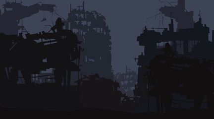 cartoon background of the ruins of the city of post apocalypse - obrazy, fototapety, plakaty