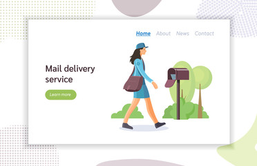 Post office workers shipping letters. Postman woman work courier running with a bag of letters, delivering correspondence, letters to the addressee. Mail delivery service cartoon vector illustration
