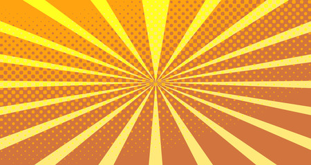 Vintage colorful comic book background. Orange blank bubbles of different shapes. Rays, radial, halftone, dotted effects. For sale banner empty Place for text 1960s. Copy space vector eps10.