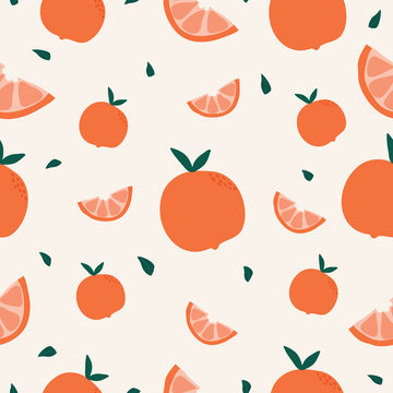 Seamless pattern with a sprig of tangerines and leaves, Cute fruit hand drawn vector.