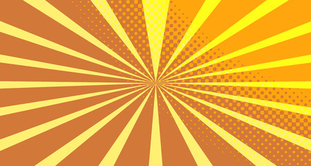Vintage colorful comic book background. Orange blank bubbles of different shapes. Rays, radial, halftone, dotted effects. For sale banner empty Place for text 1960s. Copy space vector eps10.
