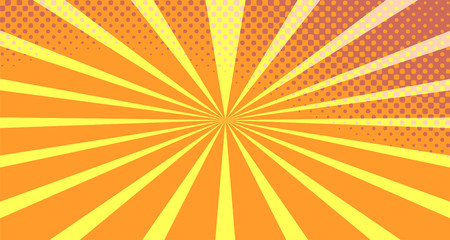 Vintage colorful comic book background. Orange blank bubbles of different shapes. Rays, radial, halftone, dotted effects. For sale banner empty Place for text 1960s. Copy space vector eps10.
