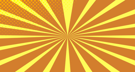 Fototapeta premium Vintage colorful comic book background. Orange blank bubbles of different shapes. Rays, radial, halftone, dotted effects. For sale banner empty Place for text 1960s. Copy space vector eps10.