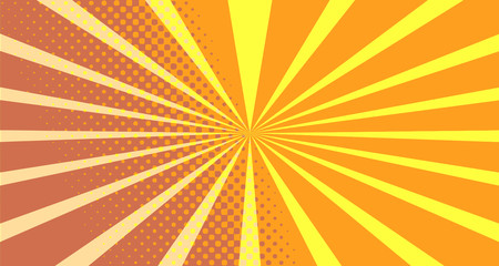 Vintage colorful comic book background. Orange blank bubbles of different shapes. Rays, radial, halftone, dotted effects. For sale banner empty Place for text 1960s. Copy space vector eps10.