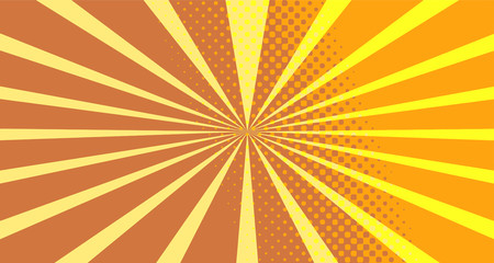 Fototapeta premium Vintage colorful comic book background. Orange blank bubbles of different shapes. Rays, radial, halftone, dotted effects. For sale banner empty Place for text 1960s. Copy space vector eps10.