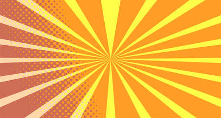 Fototapeta premium Vintage colorful comic book background. Orange blank bubbles of different shapes. Rays, radial, halftone, dotted effects. For sale banner empty Place for text 1960s. Copy space vector eps10.
