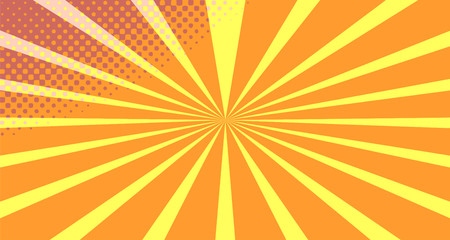Vintage colorful comic book background. Orange blank bubbles of different shapes. Rays, radial, halftone, dotted effects. For sale banner empty Place for text 1960s. Copy space vector eps10.