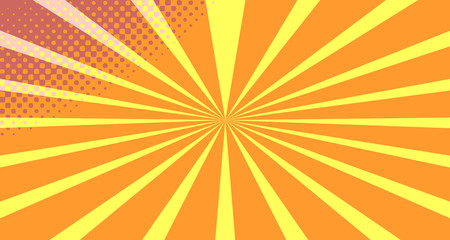 Vintage colorful comic book background. Orange blank bubbles of different shapes. Rays, radial, halftone, dotted effects. For sale banner empty Place for text 1960s. Copy space vector eps10.