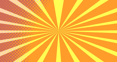 Vintage colorful comic book background. Orange blank bubbles of different shapes. Rays, radial, halftone, dotted effects. For sale banner empty Place for text 1960s. Copy space vector eps10.