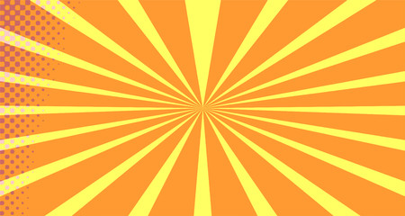 Vintage colorful comic book background. Orange blank bubbles of different shapes. Rays, radial, halftone, dotted effects. For sale banner empty Place for text 1960s. Copy space vector eps10.