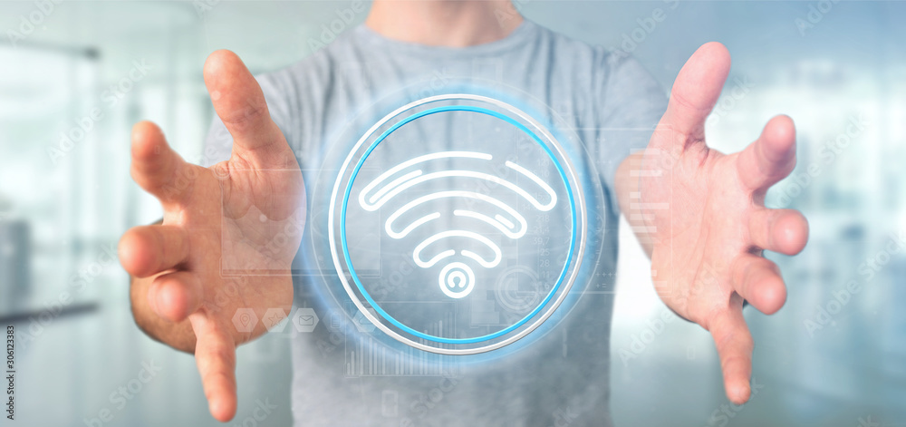 Poster businessman holding wifi icon with stats and binary code 3d rendering