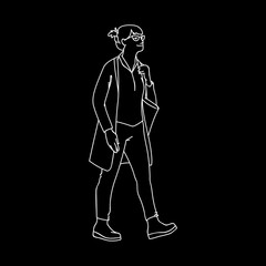 Adult woman in grasses and cardigan takes a walk. Concept. Vector illustration of walking woman with tote bag. Black lines isolated on white background. Hand drawn sketch.