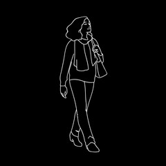 Adult woman with curky hair taking a walk, looking far away. Concept. Vector illustration of woman in casual wear and scarf walking somewhere alone. White lines isolated on black background.