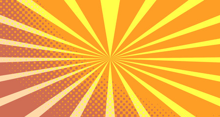 Vintage colorful comic book background. Orange blank bubbles of different shapes. Rays, radial, halftone, dotted effects. For sale banner empty Place for text 1960s. Copy space vector eps10.