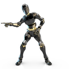 schwarzer humanoider Roboter zeigt etwas