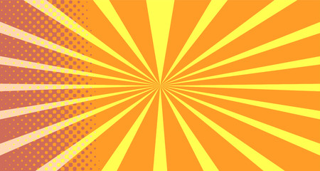 Vintage colorful comic book background. Orange blank bubbles of different shapes. Rays, radial, halftone, dotted effects. For sale banner empty Place for text 1960s. Copy space vector eps10.