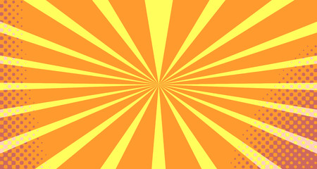 Vintage colorful comic book background. Orange blank bubbles of different shapes. Rays, radial, halftone, dotted effects. For sale banner empty Place for text 1960s. Copy space vector eps10.