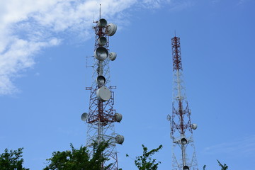 Microwave system.Wireless Communication Antenna With bright sky.Telecommunication tower with...