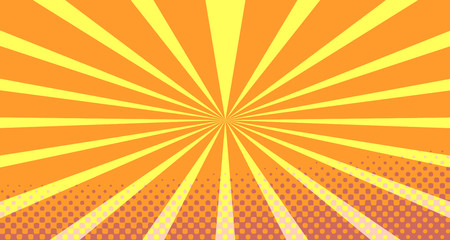 Vintage colorful comic book background. Orange blank bubbles of different shapes. Rays, radial, halftone, dotted effects. For sale banner empty Place for text 1960s. Copy space vector eps10.