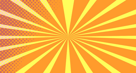 Vintage colorful comic book background. Orange blank bubbles of different shapes. Rays, radial, halftone, dotted effects. For sale banner empty Place for text 1960s. Copy space vector eps10.