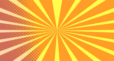 Fototapeta premium Vintage colorful comic book background. Orange blank bubbles of different shapes. Rays, radial, halftone, dotted effects. For sale banner empty Place for text 1960s. Copy space vector eps10.