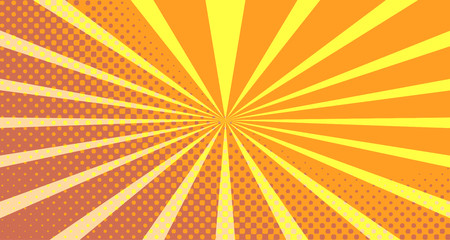 Vintage colorful comic book background. Orange blank bubbles of different shapes. Rays, radial, halftone, dotted effects. For sale banner empty Place for text 1960s. Copy space vector eps10.