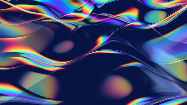 Abstract 3d animation with moving glass waves and with rainbow reflection on the black background. Bright colors, modern trendy design. 4k loop video.