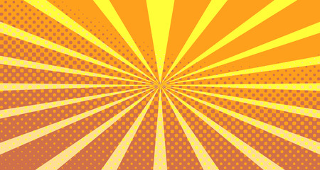 Vintage colorful comic book background. Orange blank bubbles of different shapes. Rays, radial, halftone, dotted effects. For sale banner empty Place for text 1960s. Copy space vector eps10.