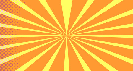 Vintage colorful comic book background. Orange blank bubbles of different shapes. Rays, radial, halftone, dotted effects. For sale banner empty Place for text 1960s. Copy space vector eps10.