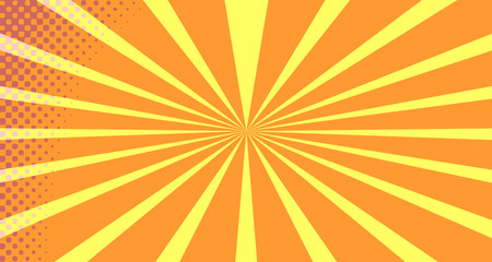Vintage colorful comic book background. Orange blank bubbles of different shapes. Rays, radial, halftone, dotted effects. For sale banner empty Place for text 1960s. Copy space vector eps10.