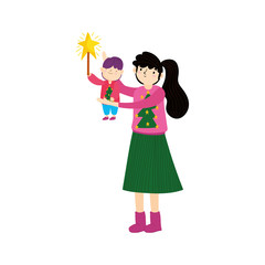 merry christmas mother carrying her little son with star