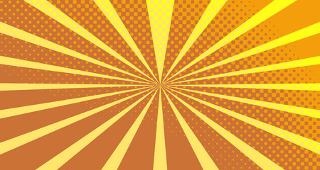 Vintage colorful comic book background. Orange blank bubbles of different shapes. Rays, radial, halftone, dotted effects. For sale banner empty Place for text 1960s. Copy space vector eps10.