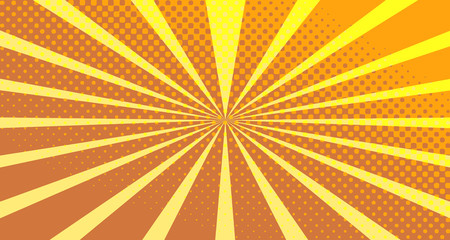 Vintage colorful comic book background. Orange blank bubbles of different shapes. Rays, radial, halftone, dotted effects. For sale banner empty Place for text 1960s. Copy space vector eps10.