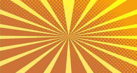 Vintage colorful comic book background. Orange blank bubbles of different shapes. Rays, radial, halftone, dotted effects. For sale banner empty Place for text 1960s. Copy space vector eps10.