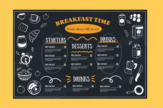Breakfast menu, restaurant template on chalkboard. Blackboard poster with doodle icons with alarm, fruit, plate, croissant