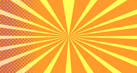 Vintage colorful comic book background. Orange blank bubbles of different shapes. Rays, radial, halftone, dotted effects. For sale banner empty Place for text 1960s. Copy space vector eps10.