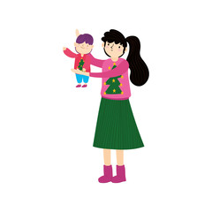 merry christmas mother carrying little son with sweater