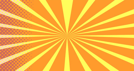 Fototapeta premium Vintage colorful comic book background. Orange blank bubbles of different shapes. Rays, radial, halftone, dotted effects. For sale banner empty Place for text 1960s. Copy space vector eps10.