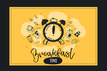 Breakfast menu, restaurant template on yellow background. Poster with doodle icons with alarm, fruit, plate, croissant