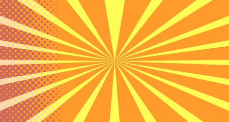 Vintage colorful comic book background. Orange blank bubbles of different shapes. Rays, radial, halftone, dotted effects. For sale banner empty Place for text 1960s. Copy space vector eps10.