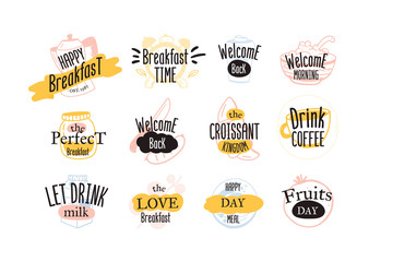 Menu Logo Badge set. Breakfast label collection, vector icon, bakery tag sticker, coffee typography