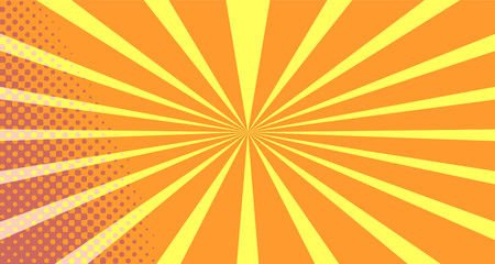 Vintage colorful comic book background. Orange blank bubbles of different shapes. Rays, radial, halftone, dotted effects. For sale banner empty Place for text 1960s. Copy space vector eps10.