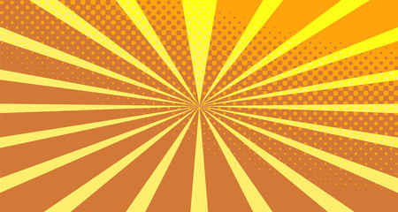 Vintage colorful comic book background. Orange blank bubbles of different shapes. Rays, radial, halftone, dotted effects. For sale banner empty Place for text 1960s. Copy space vector eps10.