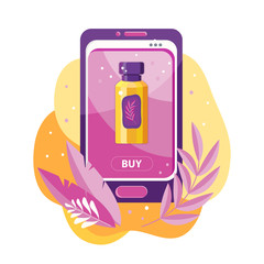 Shopping online concept. Mobile phone or tablet with web site. Flowers background. Mobile shopping concept. Buy goods through a smartphone. Sales through the mobile app.