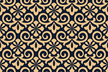 Flower geometric pattern. Seamless vector background. Gold and dark blue ornament